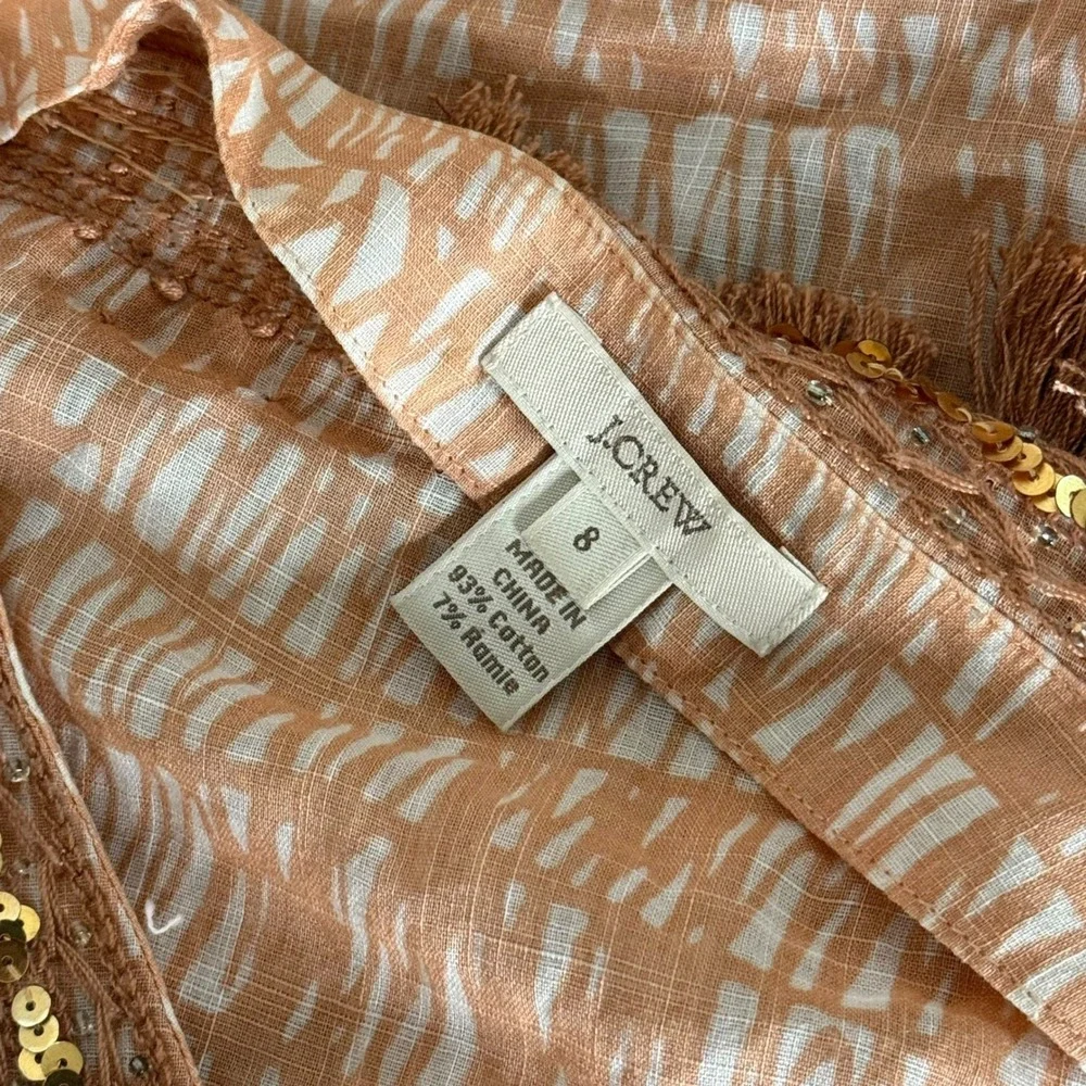 J. Crew Fringe Beaded V Neck Tunic Top Sea Grass Sequin Size 8 Resort Beach BOHO